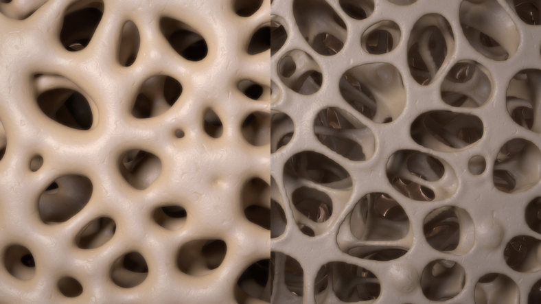 3D CG rendered image of healthy / osteoporosis bone micro structure
